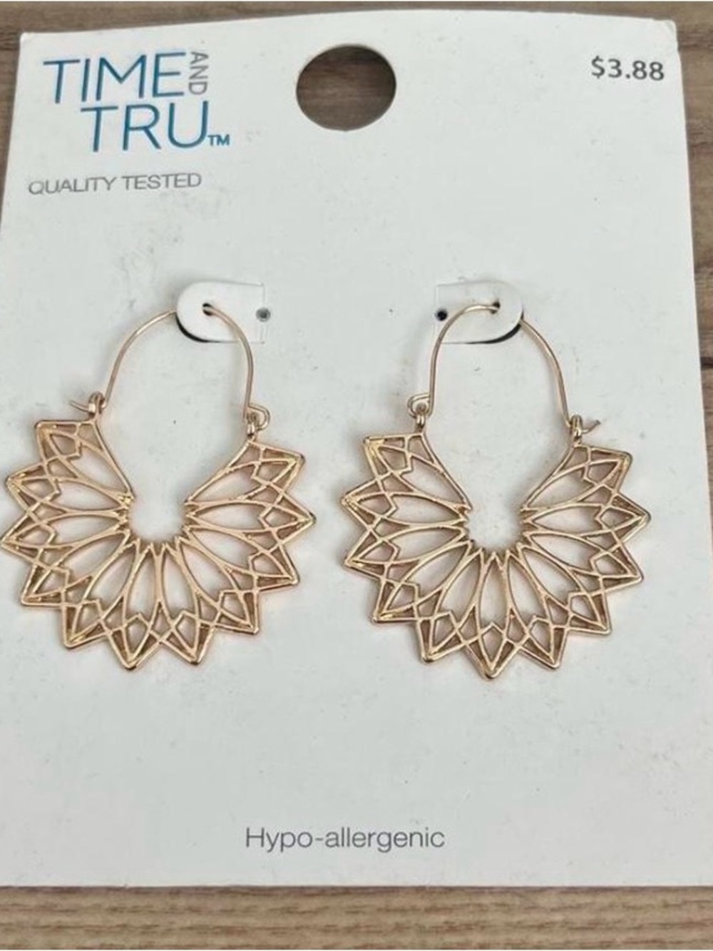 Time and Tru Gold Filigree Hoop Earrings - Floral Design New